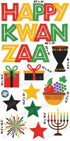 the happy kwan holiday card is shown in red, green and yellow with colorful lettering