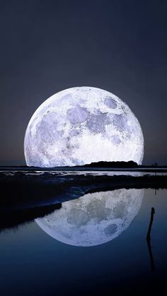 the full moon is reflected in the water