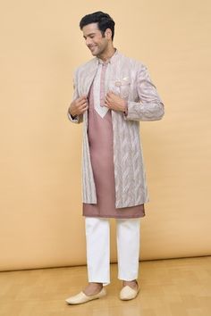 Baby pink jacket with chikankari and sequin embroidery. Comes with embroidered placket ombre kurta and pyjama pant. - Aza Fashions Eid Chikankari Embroidery Straight Kurta Outerwear, Eid Chikankari Embroidery Straight Kurta, Chikankari Jacket, Baby Pink Jacket, Rhea Kapoor, Jayanti Reddy, Kurta Set For Men, Diana Penty, Boys Kurta