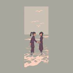 two people standing in the ocean holding hands