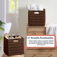 two baskets on top of each other with towels in them