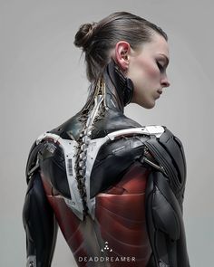 a woman in black and red body suit with chains on her neck, back to the camera