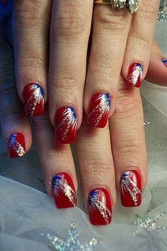 Red White And Blue Nails, White And Blue Nails, Red And Silver Nails, Firework Nail Art, Red Nail Art Designs