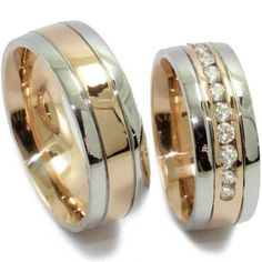 two gold and silver wedding rings with diamonds