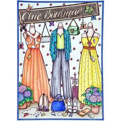 a card with two women's dresses and purses