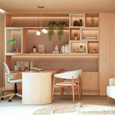 a living room filled with furniture next to a white chair and wooden shelf covered in plants