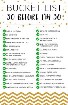 the bucket list for 30 before i'm 30 is shown in gold and white