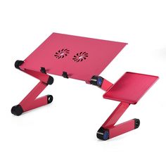 a pink computer desk with wheels on the bottom and one wheel attached to it's side