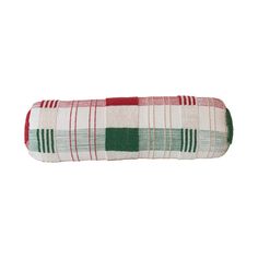 a white and green plaid pillow on a white background with red, green, and white stripes