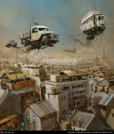 two vehicles are flying over a city in the air with buildings and cars below them