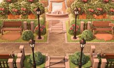 an artistic view of a park with benches and flowers