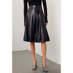 Black faux leather (57% Polyurethane 43% Polyester). A-line. Back zipper closure. 28" from waist to hemline. Imported. Faux Leather Midi Skirt, Fall Staples, Leather Midi Skirt, Rent The Runway, Closet Designs, Black Faux Leather, Midi Skirt, Faux Leather, Zipper