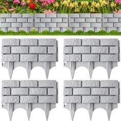 four different views of a brick wall with flowers in the background