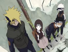 the naruto family is walking up a mountain side trail with their backs to each other