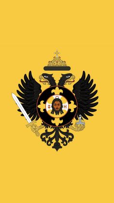 the coat of arms and two swords are depicted on a yellow background with black wings