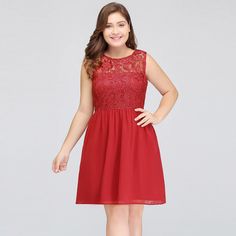 A-Line Crew Short Sleeveless Lace Chiffon Red Cocktail Dresses | MISSHOW – misshow.com Prom Dresses 2023 Plus, Knee Length Prom Dress, Dress Curvy, Short Red Prom Dresses, Prom Dresses 2023, Halter Wedding Dress, Fashion Queen