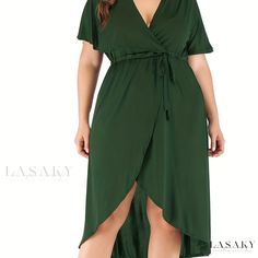 Lasaky - Premium Plus Size Womens Casual Wrap Dress: Solid Short Sleeve V Neck, Irregular Hem, and Medium Stretch Casual Wrap Dress, Plus Size Fall Outfit, Plus Size Fall, Love Free, Irregular Hem, Plus Size Clothing For Women, Necklines For Dresses, Knee Dress, Curve Dresses