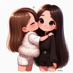 two girls are hugging each other and one is wearing a fur collared coat, the other has long dark brown hair