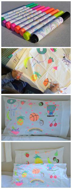 four different pictures showing how to use crayons on sheets and pillowcases