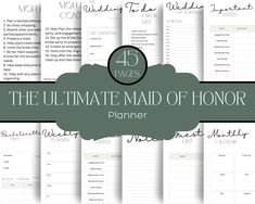 the ultimate maid of honor printable planner is shown in black and white with green lettering