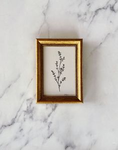 a frame with a plant drawn in it on a marble surface