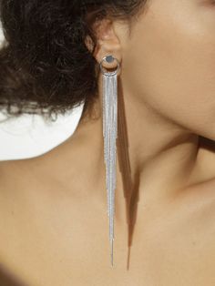 "Introducing these stunning Long Silver Tassel Earrings, the perfect addition to your jewelry collection. With their elegant cascade fringe design, these Silver Waterfall Earrings will surely make a statement wherever you go. Handcrafted with care, these earrings are meticulously crafted from high-quality materials for a luxurious finish. Ideal as Gifts For Her, these earrings are the perfect accessory to elevate any outfit and make a lasting impression. Embrace the charm of cascading tassels an Elegant Silver Long Drop Tassel Earrings, Elegant Silver Tassel Earrings For Evening, Elegant Metal Fringe Jewelry, Elegant Fringe Metal Chandelier Earrings, Elegant Metal Tassel Earrings With Fringe, Elegant Silver Earrings With Tassels, Silver Long Drop Earrings With Tassels, Silver Fringe Drop Earrings, Silver Fringe Chandelier Drop Earrings