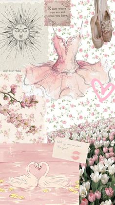 a collage of pink and white images with flowers, shoes, and pictures on the wall