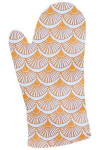 an oven mitt with orange and white designs on it