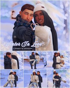 an animated couple hugging each other in the snow with text overlaying winter in love