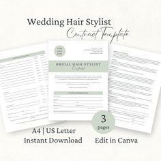 the wedding hair stylist contract template is shown in three different sizes and colors