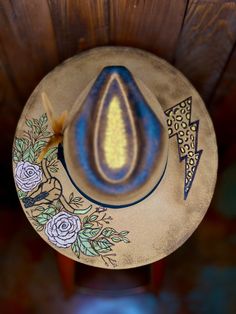 Hand burned and hand painted fedora hat Burn Hats, Burned Hats, Hat Party, Head Gear, Hat Ideas, Aztec Designs, Food Inspo, Cowgirl Hats