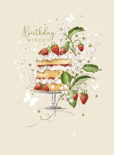 a piece of cake with strawberries on top and flowers in the middle, surrounded by butterflies