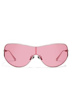 Polished metal frames elevate the modern vibe of these shield sunglasses fitted with UV-protective lenses. 51mm lens width; 14mm bridge width; 128mm temple length 100% UV protection Metal Imported Silver Rimless Shield Sunglasses With Uva Protection, Modern Pink Shield Sunglasses With Mirrored Lenses, Modern Aviator Shield Sunglasses With Metal Frame, Modern Metal Frame Aviator Sunglasses, Modern Pink Shield Sunglasses With Polarized Lenses, Modern Pink Shield Sunglasses With Tinted Lenses, Modern Rimless Shield Sunglasses With Metal Frame, Modern Pink Tinted Shield Sunglasses, Pink Rimless Shield Sunglasses With Mirrored Lenses