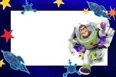 an image of a cartoon character with stars around him and space shuttles in the background