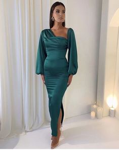 Product Details ： Product Number : S1703 Fabric: Satin Sleeves: Long Sleeves Back Style: Zipper Size: US 2- 16. Check our Size Chart to get your correct size. Built with bra: Yes Modest Prom Dresses With Sleeves Classy, Satin Evening Dress Classy, Silk Satin Dress Classy, Green Dresses Formal, Jumpsuit Outfit Wedding, Satin Dress Outfit, Elegant Silk Dresses, Long Sleeve Satin Dress, Satin Prom Dresses