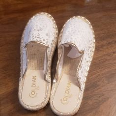 New No Box. Size 10 Espadrilles White Lace With Gold Piping Size 43 Fits Us Size 10 White Closed Toe Synthetic Espadrilles, White Flat Espadrille Sandals, White Espadrille Sandals With Cushioned Footbed, White Open Toe Synthetic Espadrilles, White Synthetic Slip-on Espadrilles, White Flat Espadrilles For The Beach, White Flat Espadrilles For Beach, White Slip-on Espadrilles For Summer, Casual White Espadrilles With Cushioned Footbed