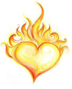 a drawing of a heart with flames coming out of it