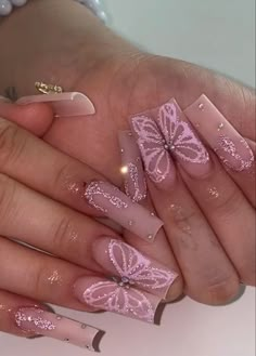 Long Square Acrylic Nails Butterfly, Butterfly Designs Nails, Trendy Butterfly Nails, Purple And Pink Butterfly Nails, Nails Acrylic Butterflies, Pastel Butterfly Nails, Birthday Purple Nails, Butterfly Birthday Nails, Purple Rhinestone Nail Designs