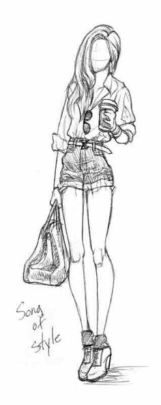 a drawing of a woman in short shorts holding a purse