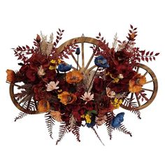 an arrangement of flowers and leaves in a wheel on a white background with clippings