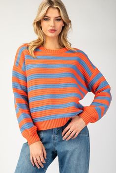 Burnt Orange Striped Sweater | JQ Clothing Co. Orange Striped Sweater, Layered Winter Outfits, Bold Stripes, Striped Sweater, The Eye, Burnt Orange, Snug Fit, Round Neckline, Winter Outfits