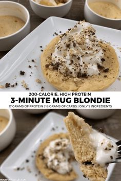 two pictures showing the different stages of making mug blondies with cream and chocolate toppings