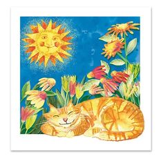 an orange cat laying on top of a field of flowers next to a yellow sun