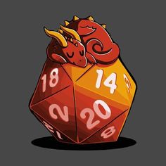 a red and yellow d20 dice with horns on it