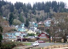 cars are parked on the street in front of some houses and trees with mountains in the background