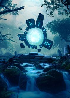 an image of a futuristic portal in the middle of a forest with rocks and water