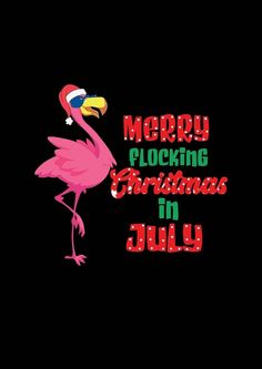 a pink flamingo standing in front of a black background with merry lettering on it