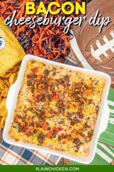 an image of bacon cheeseburger dip in a casserole dish with footballs on the side