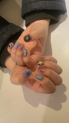 Nail Inspo Indie, Nail Inspo Design Short, Subtle Cute Nails, Short Nails Painted Simple, Short Nail Abstract Designs, Nail Inspo Tyler The Creator, Nail Inspo Different Colors, Wallows Nails, Nail Ideas Funky