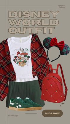 the disney world outfit is shown in red and green